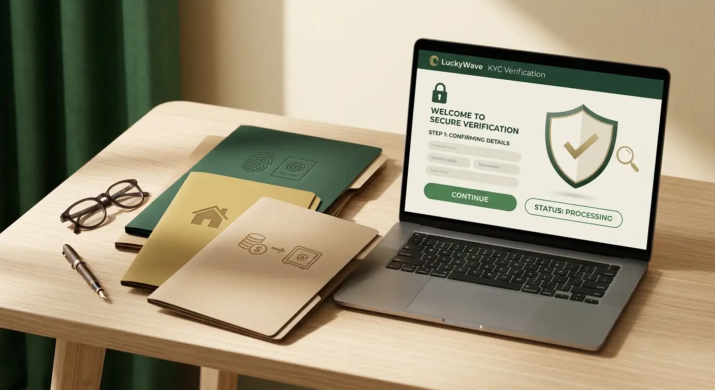 LuckyWave KYC and account verification illustration with identity residence and source of funds checks